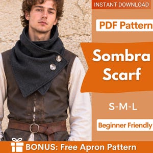May include: A dark gray cowl-neck scarf with two large buttons, worn over a brown vest and white shirt. The image includes text: INSTANT DOWNLOAD, PDF Pattern, Sombra Scarf, S-M-L, Beginner Friendly, and BONUS: Free Apron Pattern.