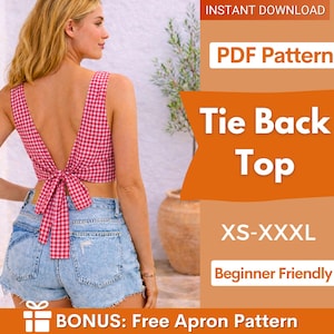May include: A red and white gingham tie-back top. The top is paired with denim shorts. The image includes text that reads "PDF Pattern", "Tie Back Top", "XS-XXXL", and "Beginner Friendly".