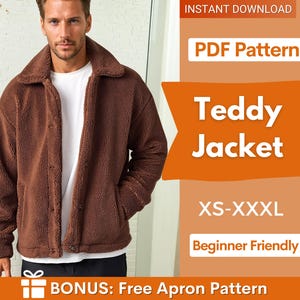 Könnte beinhalten: Braune Teddyjacke mit breitem Kragen und Knopfverschluss. Das Bild enthält den Text "Teddy Jacket" und "XS-XXXL". Die Jacke ist anfängerfreundlich und enthält einen kostenlosen Schürzen-Schnittmuster-Bonus.