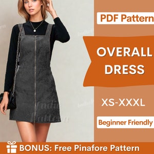 Overall Dress Sewing Pattern for Women PDF,  Women's Dress Pattern, Sewing Pattern Dress , Beginner Sewing Project, Front Zipper Dress