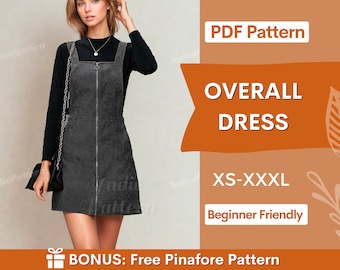 Overall Dress Sewing Pattern for Women PDF,  Women's Dress Pattern, Sewing Pattern Dress , Beginner Sewing Project, Front Zipper Dress