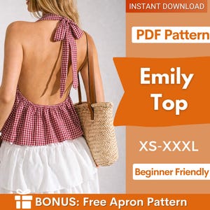 Patrón de costura para top Emily con lazo en la espalda, patrón para mujer, patrón de top peplum, patrones de costura para mujer, top de verano, top con lazo, patrón de blusa