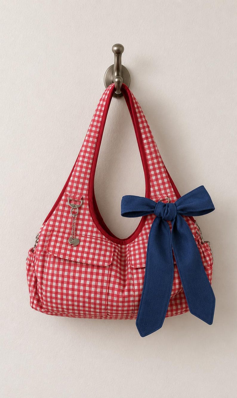 May include: A red and white gingham shoulder bag featuring a large navy blue fabric bow attached to the front. The bag has two exterior pockets, a red interior lining, and a silver-toned metal heart charm hanging from a small ring on the strap.