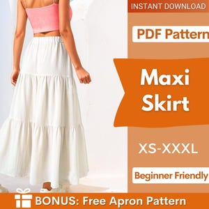 Puede incluir: Una falda larga blanca de niveles con cintura elástica. La imagen incluye el texto: INSTANT DOWNLOAD, PDF Pattern, Maxi Skirt, XS-XXXL, Beginner Friendly y BONUS: Free Apron Pattern. La falda se muestra desde atrás en una persona.