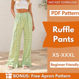 May include: Green and white gingham ruffle pants. The pants are wide-legged and have a ruffle detail at the hem. The image also includes text that says "Ruffle Pants", "XS-XXXL", and "Beginner Friendly".