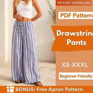 May include: A person wearing blue and white striped drawstring trousers. The trousers are wide-legged with a drawstring waist. The image includes text: "PDF Pattern", "Drawstring Pants", "XS-XXXL", and "Beginner Friendly".