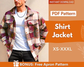 May include: A plaid shirt jacket featuring a button-up front, collar, and two chest pockets. The pattern consists of large squares in shades of maroon, cream, and dark green. Text on the image reads: INSTANT DOWNLOAD, PDF Pattern, Shirt Jacket, XS-XXXL, BONUS: Free Apron Pattern.