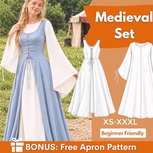 May include: A blue sleeveless overdress with front lacing and a white long-sleeved underdress with flared sleeves. The image includes technical line drawings of the garments, the text Medieval Set, XS-XXXL, Beginner Friendly, and BONUS: Free Apron Pattern.