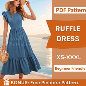 Kleidermuster | XS-XXXL | Schnittmuster für Rüschenkleid | Sommerkleid-Muster | Schnittmuster für Damen | Easy Dress PDF-Muster, Anfängerkleid