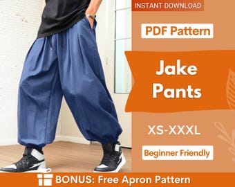 Modello di cucito per pantaloni larghi da uomo / Modello di pantaloni da jogging da uomo / Modello di cucito per uomo / Modello di pantaloni della tuta / Modello di cucito per pantaloni harem da uomo