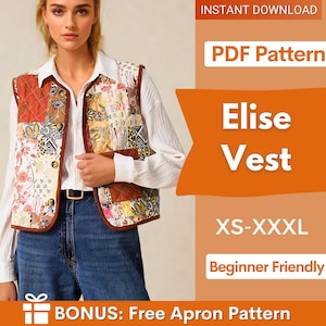 Naaipatroon vest | Patroon striksluiting voorkant | Vestpatroon | Naaipatroon bovenkant | Naaipatronen voor dames | Gewatteerd hemd | Patchwork-vest