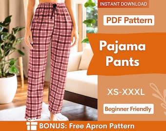 Pode incluir: Calças de pijama com padrão xadrez rosa e castanho escuro e cós com cordão preto. O texto na imagem diz: INSTANT DOWNLOAD, PDF Pattern, Pajama Pants, XS-XXXL, Beginner Friendly, BONUS: Free Apron Pattern.