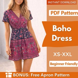 May include: A short-sleeved dress with a V-neckline and a floral pattern in shades of magenta, pink, and navy blue. The image includes text: INSTANT DOWNLOAD, PDF Pattern, Boho Dress, XS-XXL, Beginner Friendly, and BONUS: Free Apron Pattern.