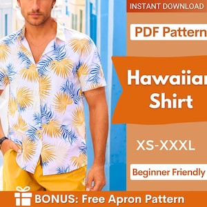 Könnte beinhalten: Ein kurzärmeliges Hemd mit Knopfleiste auf weißem Grund mit einem sich wiederholenden Muster aus blauen und goldenen Palmblättern. Das Bild enthält den Text: INSTANT DOWNLOAD, PDF Pattern, Hawaiian Shirt, XS-XXXL, Beginner Friendly, BONUS: Free Apron Pattern.