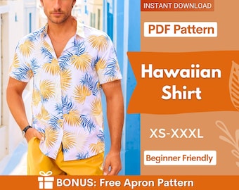 May include: A short-sleeved button-down shirt with a white base featuring a repeating pattern of blue and gold palm leaves. The image includes text: INSTANT DOWNLOAD, PDF Pattern, Hawaiian Shirt, XS-XXXL, Beginner Friendly, BONUS: Free Apron Pattern.