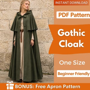 Könnte beinhalten: Ein bodenlanger, olivgrüner Umhang mit Kapuze und Bindeband am Hals. Der Text auf dem Bild lautet: INSTANT DOWNLOAD, PDF Pattern, Gothic Cloak, One Size, Beginner Friendly, BONUS: Free Apron Pattern.