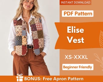 Elise Vest Naaipatroon | Top met strik aan de voorkant | Vestpatroon | Top naaipatroon | Dames naaipatronen | Gewatteerd vest, Patchwork vest
