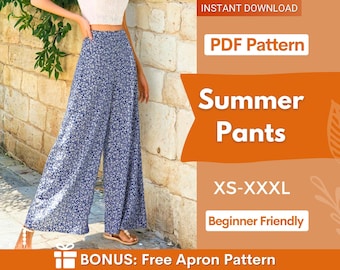 May include: A PDF pattern for wide-leg summer pants featuring a blue and white floral print. The text on the image reads: INSTANT DOWNLOAD, PDF Pattern, Summer Pants, XS-XXXL, Beginner Friendly, BONUS: Free Apron Pattern.
