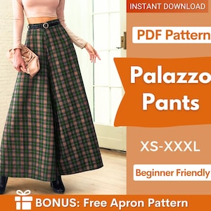 May include: A digital PDF pattern for palazzo pants featuring a plaid design in green, brown, and purple. The text on the image includes: INSTANT DOWNLOAD, PDF Pattern, Palazzo Pants, XS-XXXL, Beginner Friendly, and BONUS: Free Apron Pattern.
