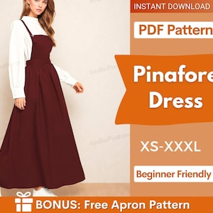 ピナフォアドレスの型紙 - XS-XXXL - エプロン型紙 - エプロンの縫製型紙 - ピナフォアドレス - 縫製型紙PDF - コテージドレスの型紙（女性用）