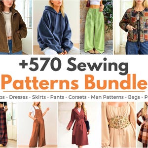 Può includere: Una collezione digitale intitolata +570 Sewing Patterns Bundle che presenta vari capi di abbigliamento, tra cui una giacca in pile marrone, una felpa con cappuccio blu, pantaloni verdi a quadri, una giacca trapuntata, pantaloni scozzesi, una salopette marrone, un trench rosso e un blazer a quadri.