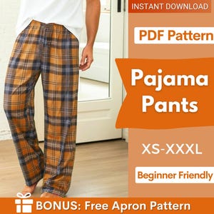 May include: Pajama pants featuring a brown, black, and white plaid pattern. The image includes text: INSTANT DOWNLOAD, PDF Pattern, Pajama Pants, XS-XXXL, Beginner Friendly, and BONUS: Free Apron Pattern. The pants have a loose, straight-leg fit.