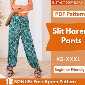 Op de afbeelding: Turkooiskleurige harembroek met een wit en donkergroen geometrisch patroon, voorzien van zijsplitten en strikbanden bij de enkels. De tekst luidt: INSTANT DOWNLOAD, PDF Pattern, Slit Harem Pants, XS-XXXL, Beginner Friendly, BONUS: Free Apron Pattern.