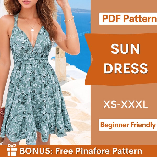 Zonnejurk naaipatroon | XS-XXXL | Damesjurkpatroon | Patroon zomerjurk | Patroon zonder rugloze jurk | Gemakkelijk jurkpatroon beginners pdf