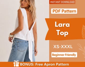 Lara Top Sewing Pattern, Women Pattern, Tie Back Top Pattern, Sewing Patterns for Women, Summer Top, Sewing Pattern Top Women, Women Blouse