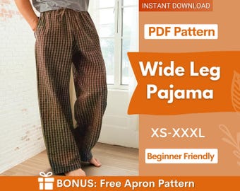 May include: Wide leg pajama pants featuring a dark brown and black checkered pattern with an elastic drawstring waistband. The digital graphic includes text: INSTANT DOWNLOAD, PDF Pattern, Wide Leg Pajama, XS-XXXL, Beginner Friendly, BONUS: Free Apron Pattern.