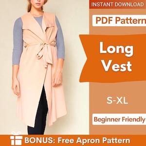 Vest Pattern, Sewing Pattern PDF, Women Vest Pattern, Long Vest pattern, Beginner sewing project, easy pattern, S-XL, PDF Pattern Vest