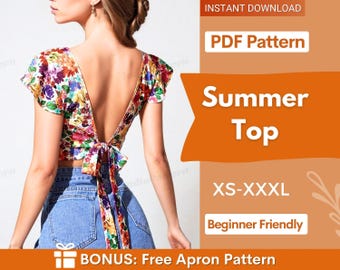Top Sewing Pattern | XS-XXXL| Tie Back Top Pattern | Ruffled Top Pattern | Crop Top Pattern | Backless Top | Open Back Top, Easy pattern PDF