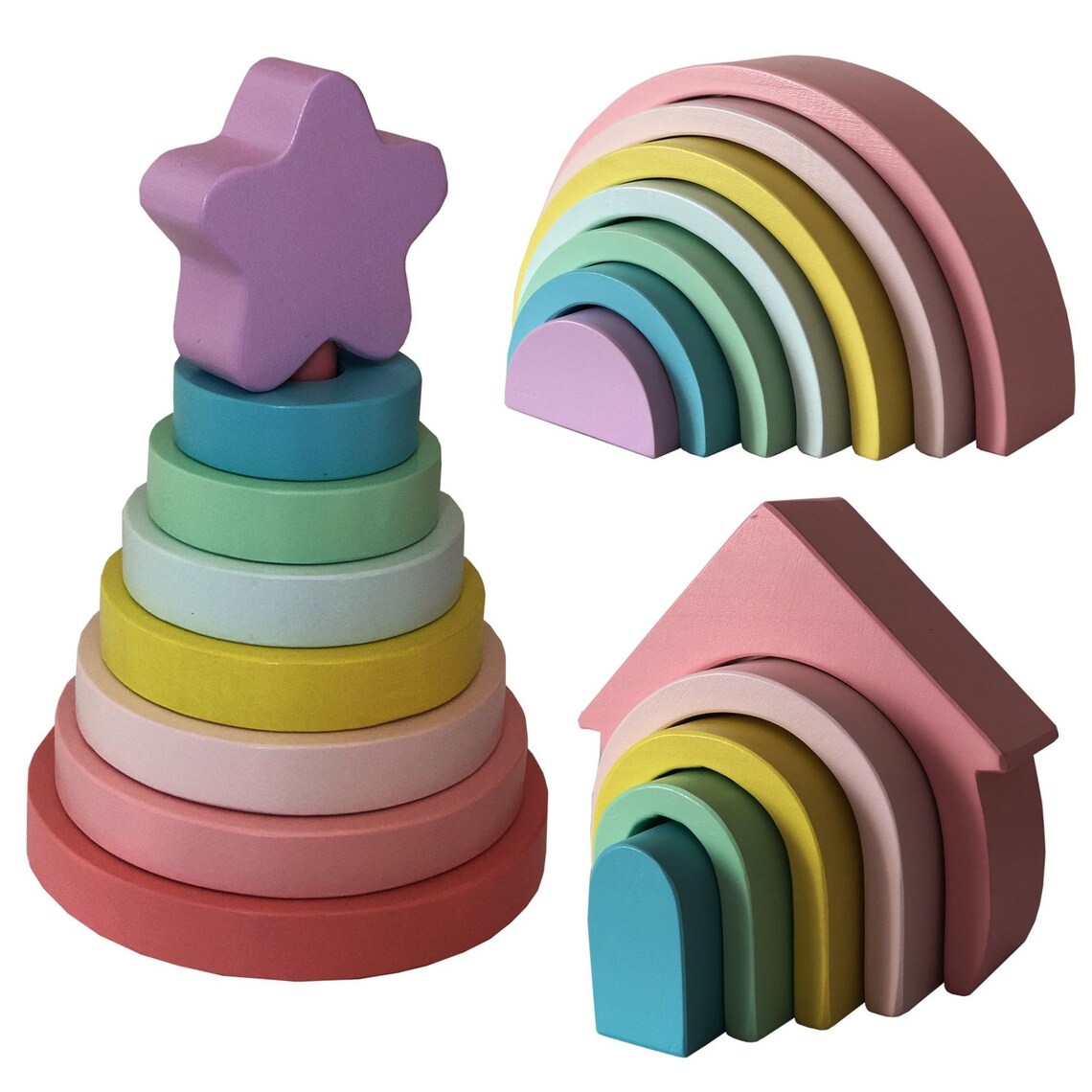 Conjunto de 3 Pirámide de madera Arco iris hogar Montessori | Etsy