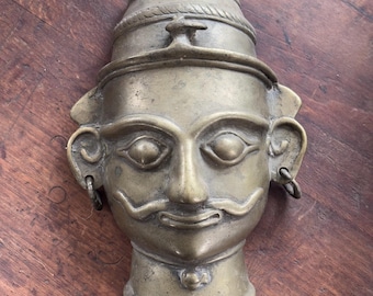 Masque Visage Shiva En Laiton Ancien - Dieu Hindou, Artisanal, Vintage Début 1900