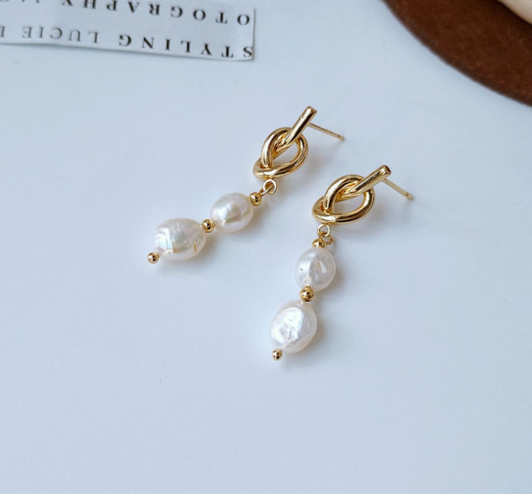 Knot Baroque Natural Pearl Drop Earring 925 Sterling Silver Stud ...