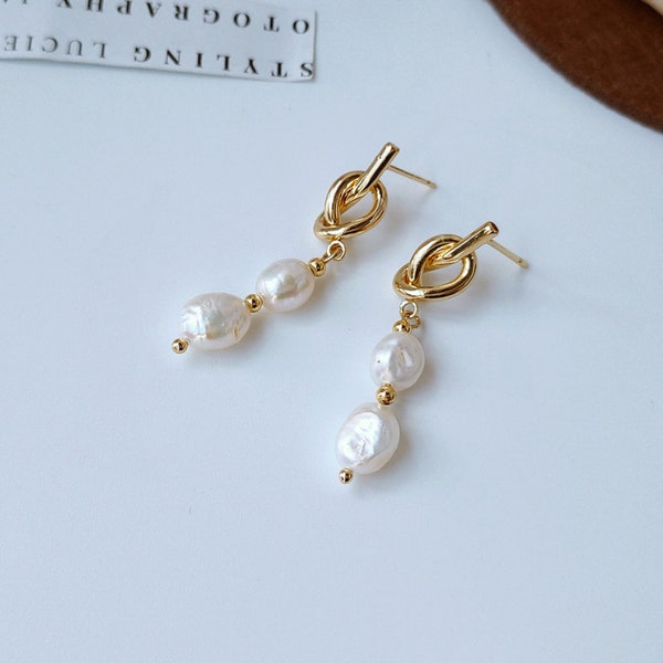 Knot Baroque Natural Pearl Drop Earring | 925 Sterling Silver Stud | Minimalist Design |  French Style | Fresh Water Pearl | Gold Platted