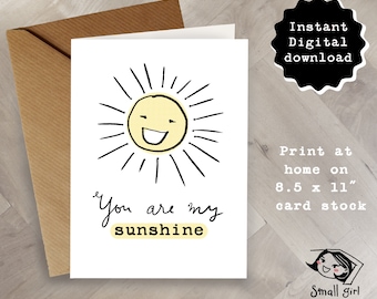 Printable greetings card, you are my sunshine, happy birthday, retro card, thinking of you, cute card, valentines, card for partner