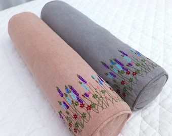 Embroidered Wildflower Buckwheat Neck Roll Pillow, Cotton Cervical Bolster with Zipper
