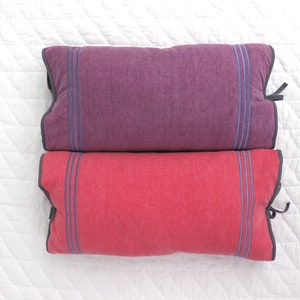 May include: Two rectangular pillows, one red and one purple, with blue stripes and black trim.