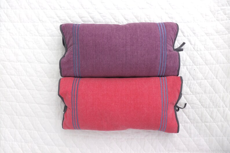 May include: Two rectangular pillows, one red and one purple, with blue stripes and black trim.