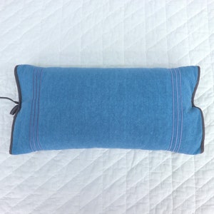May include: A blue rectangular pillow with a dark gray border and two thin purple stripes down the center.