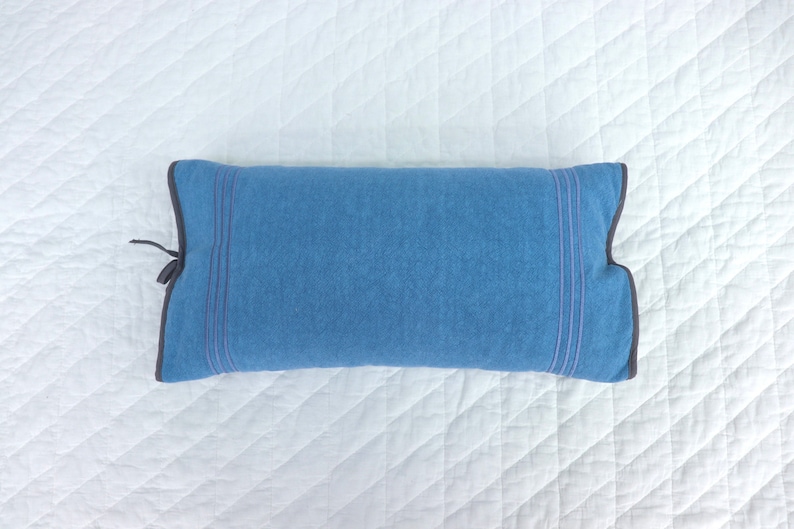 May include: A blue rectangular pillow with a dark gray border and two thin purple stripes down the center.