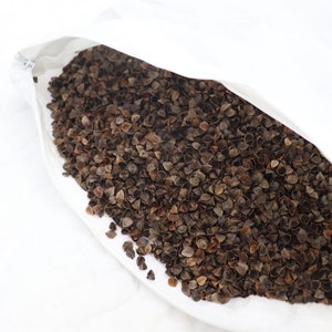 May include: A white pillowcase filled with buckwheat hulls. The hulls are brown and have a slightly irregular shape.