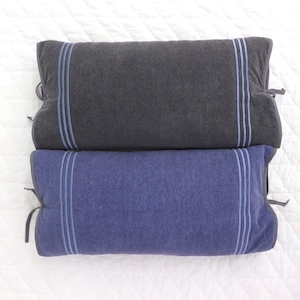 May include: Two decorative pillows, one dark gray and one blue, with light blue trim. The pillows are made of a soft, textured fabric.