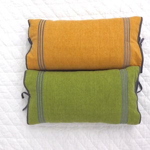 May include: Two decorative throw pillows, one mustard yellow and one green, with dark gray trim and blue stripes.