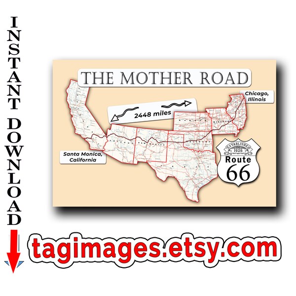 1926 Route 66 map large wall art, printable poster of a United States Map of the Mother Road