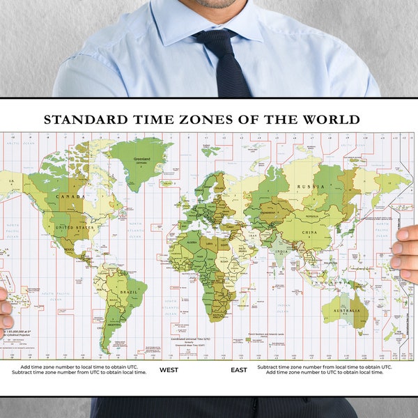 Quelle heure est-il ? Affiche imprimable de la carte du monde avec les fuseaux horaires de tout le monde. Superbe décoration de bureau ou grande oeuvre d'art murale pour l'école à la maison. téléchargement immédiat