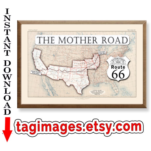 1926 Route 66 map large wall art, printable poster of a United States Map showing the Mother Road