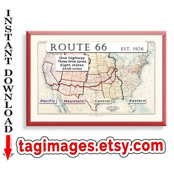 Route 66 with time zones large wall art map poster, instant download USA map educational poster, gift for history buff, cruising on Route 66