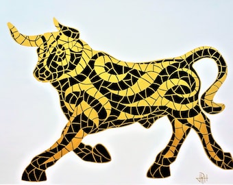 Bull Mosaic Painting, Gold Black Abstract Art, 52" Large Canvas